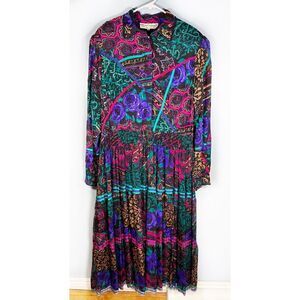 Vintage Judith Ann Creations 100% Silk Floral Patterns Embellished Maxi Dress M